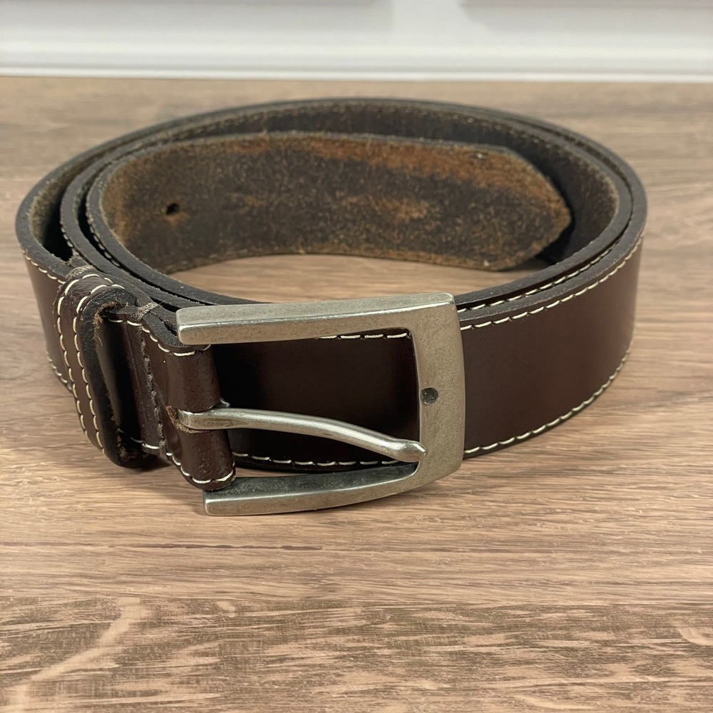 Timberland Mens Brown Leather Belt Size 42" Silver Buckle‎ Casual White Stitch